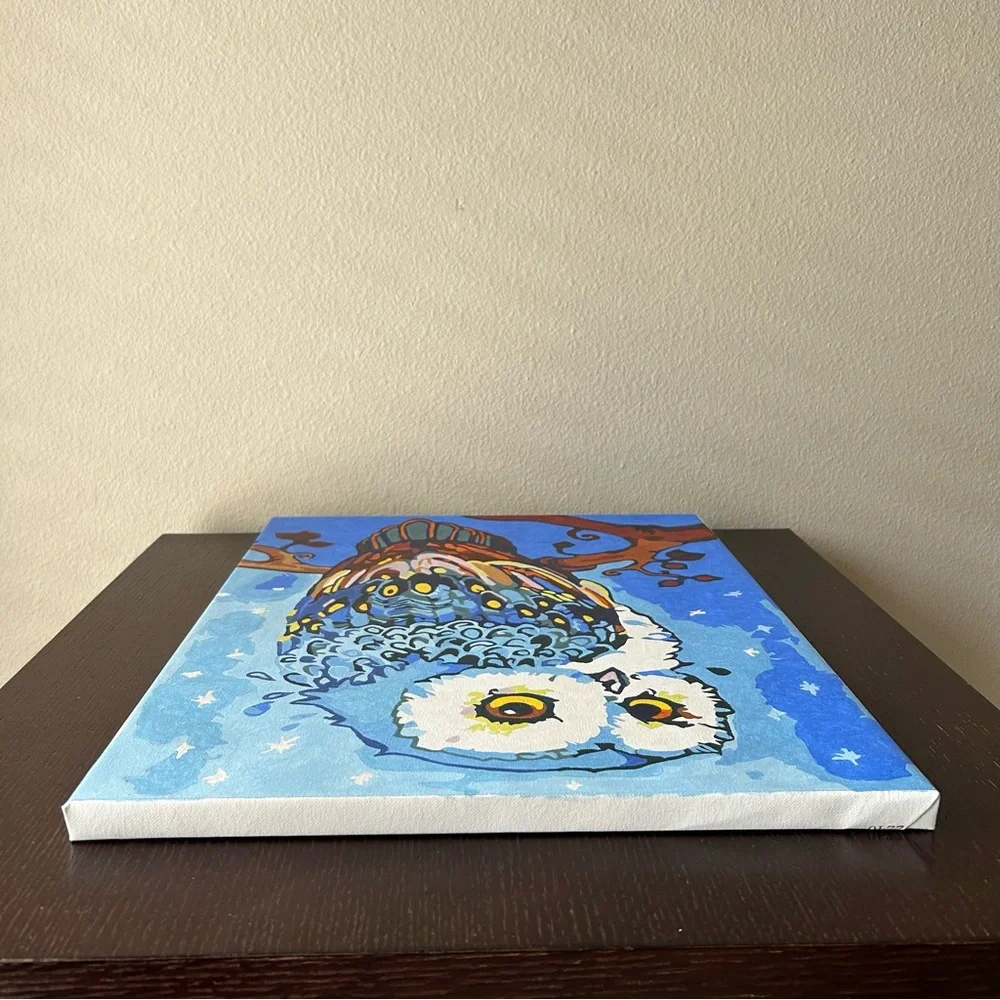 Canvas Oil Painting Blue Owl On Branch Paint by Numbers Stretched Wooden Frame - Picture 9 of 13